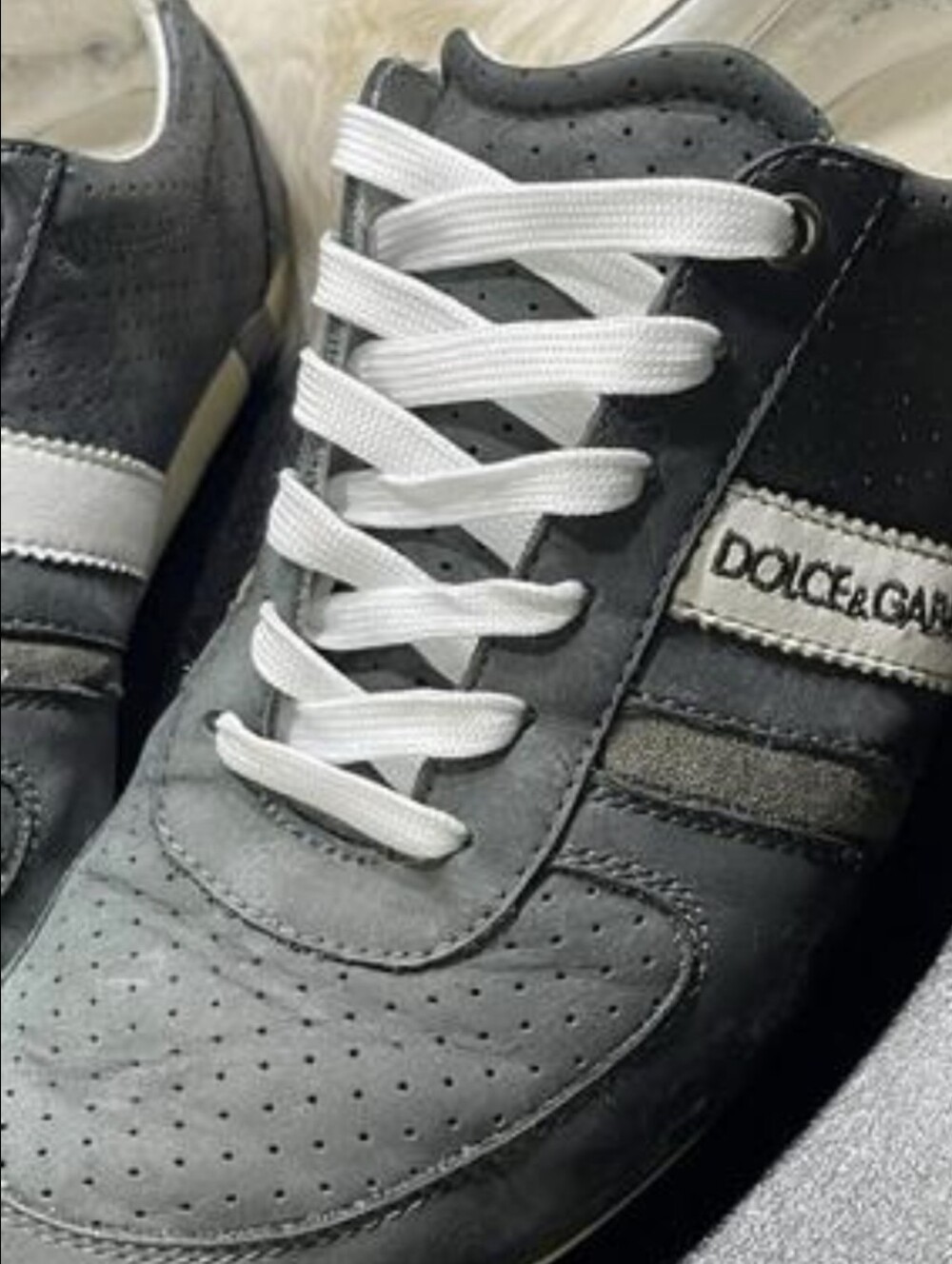 Dolce & Gabbana Gray and White Perforated Leather Sneaker